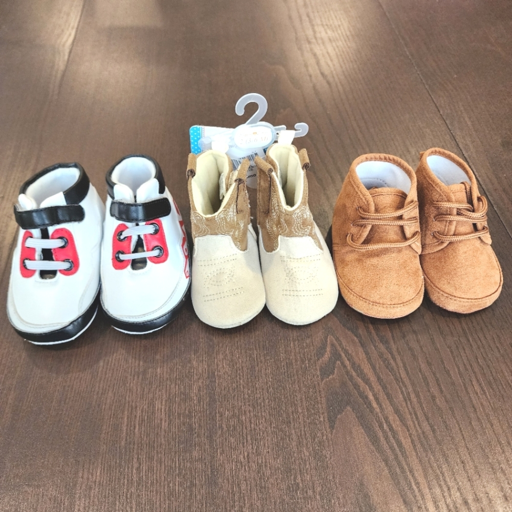 Lot of 3 Pairs of Infant Baby Boy Crib Shoes Soft Bottom Mixed Brands